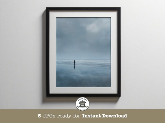 Solitary Figure Walking Misty Gray Beach Minimalist Moody Art Print