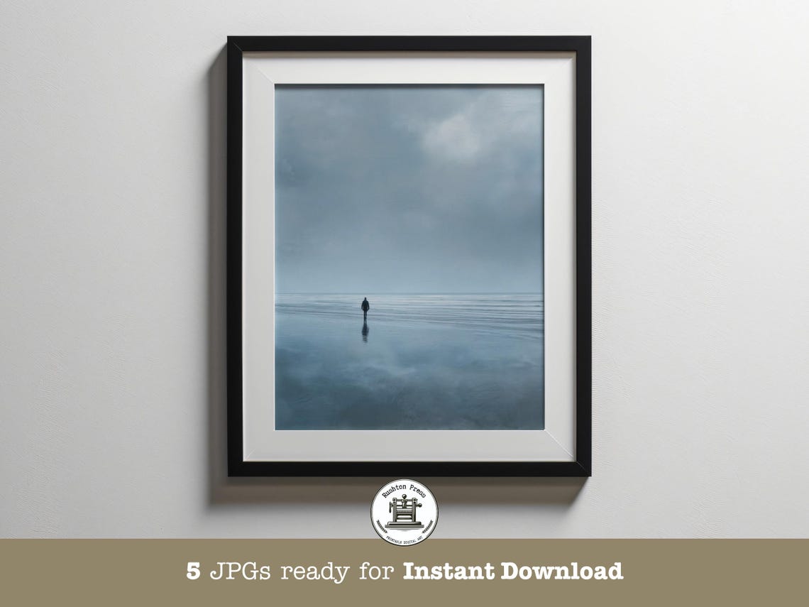 Solitary Figure Walking Misty Gray Beach Minimalist Moody Art Print