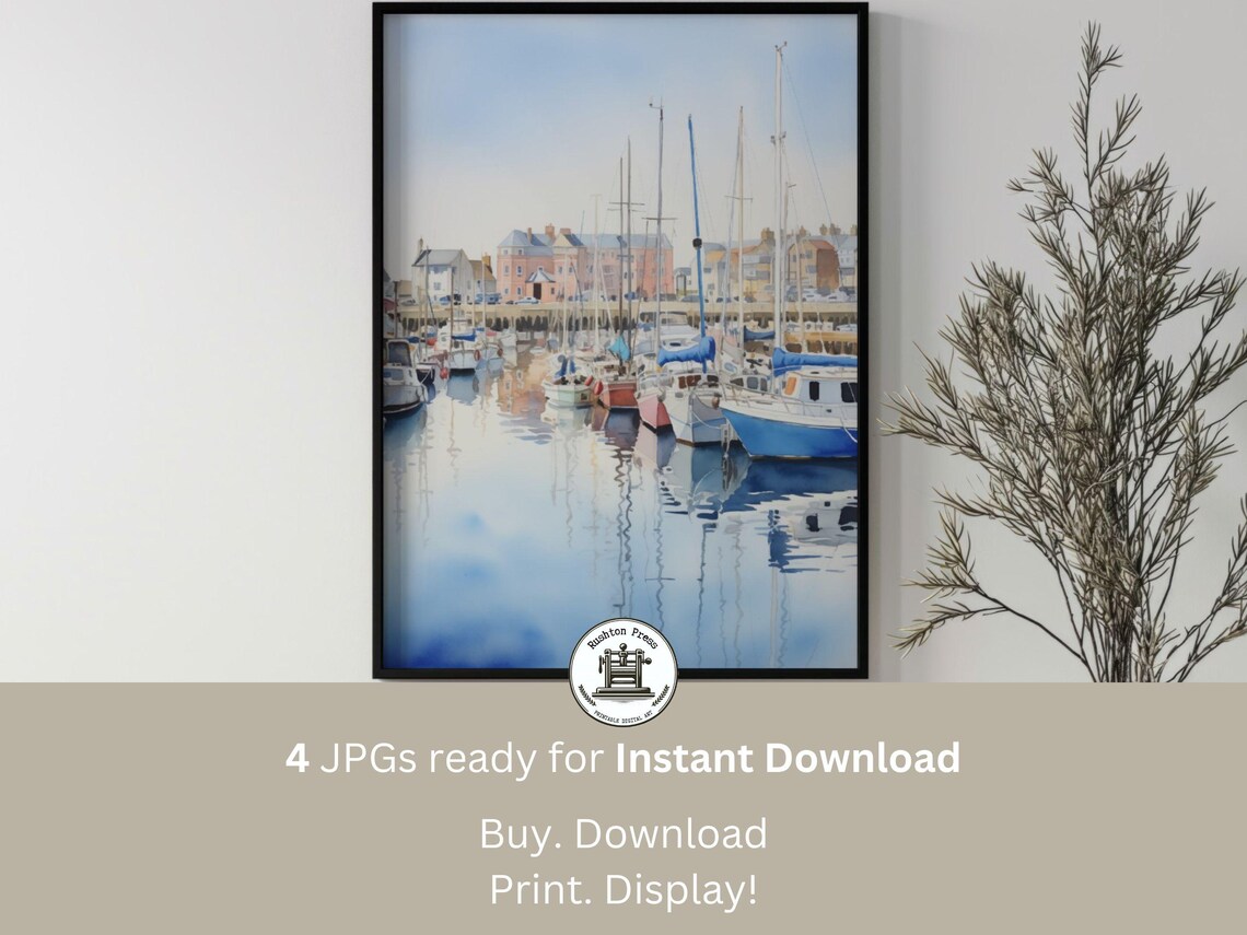 Serene Harbor Sailboats Watercolor Marina Painting Coastal Print