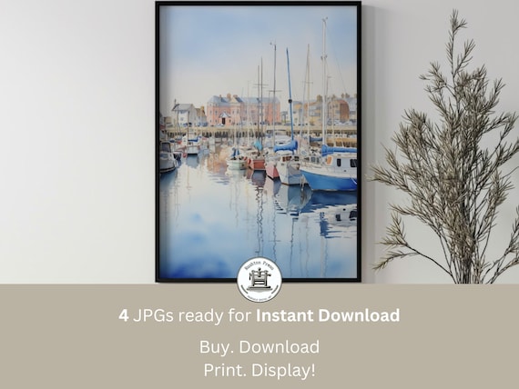 Serene Harbor Sailboats Watercolor Marina Painting Coastal Print