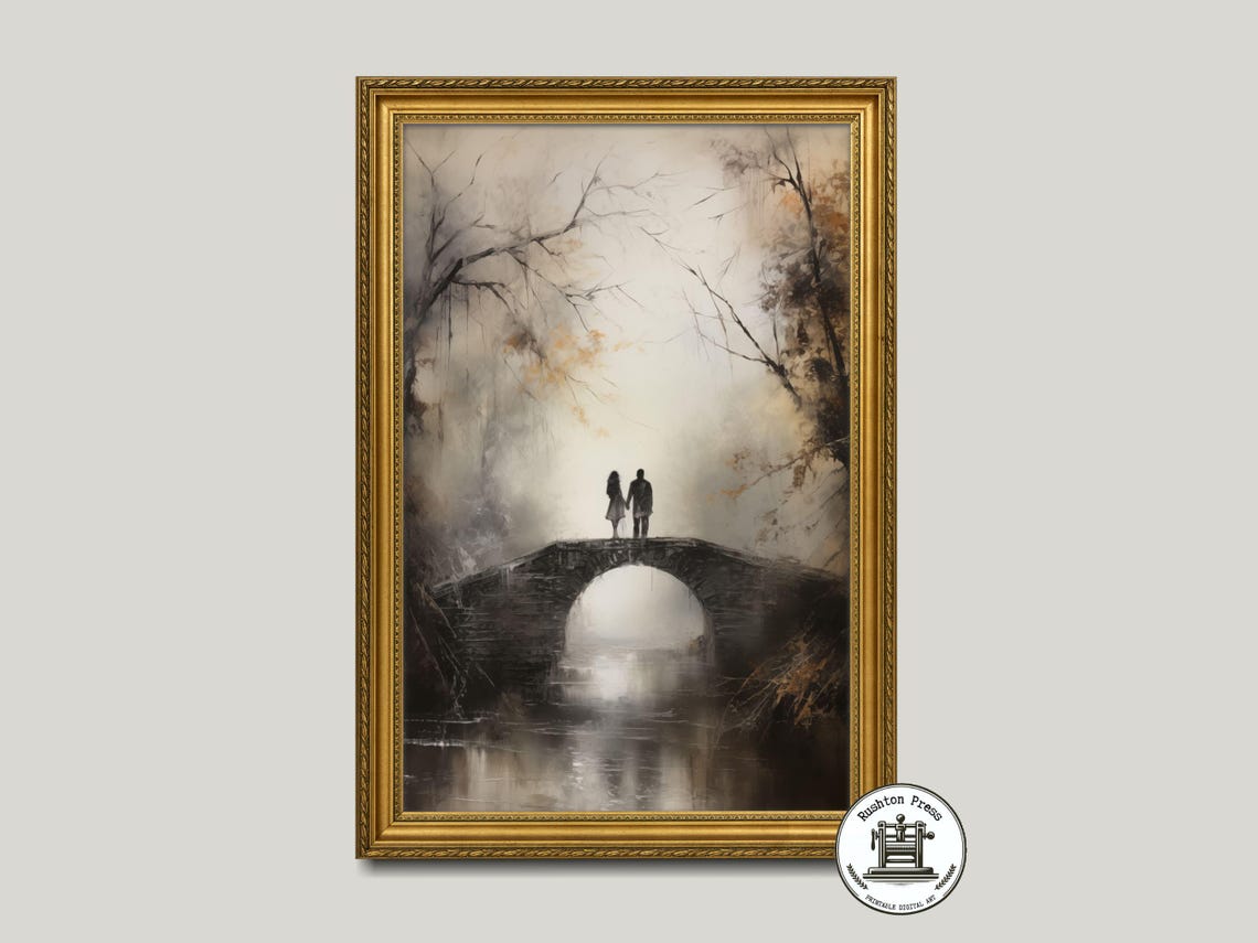 Moody Couple on Misty Stone Bridge Painting Dark Romance Wall Art