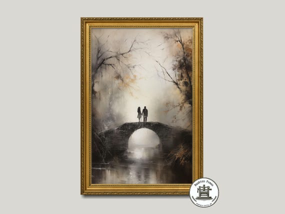 Dark Romance Landscape Art Print Moody Couple On Bridge