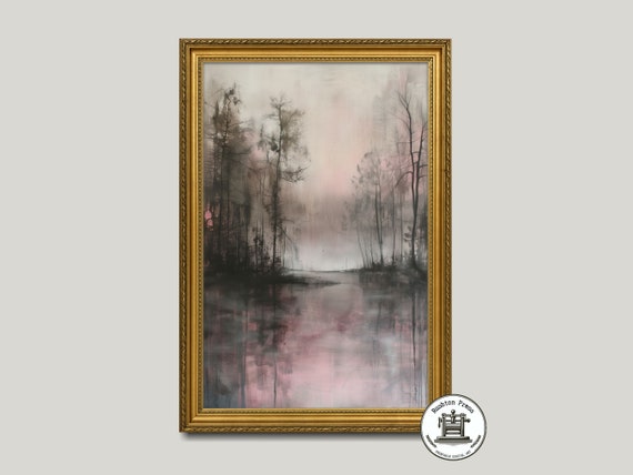 Misty Lakeside Forest Painting Pinky Landscape Art Print Moody Atmospheric