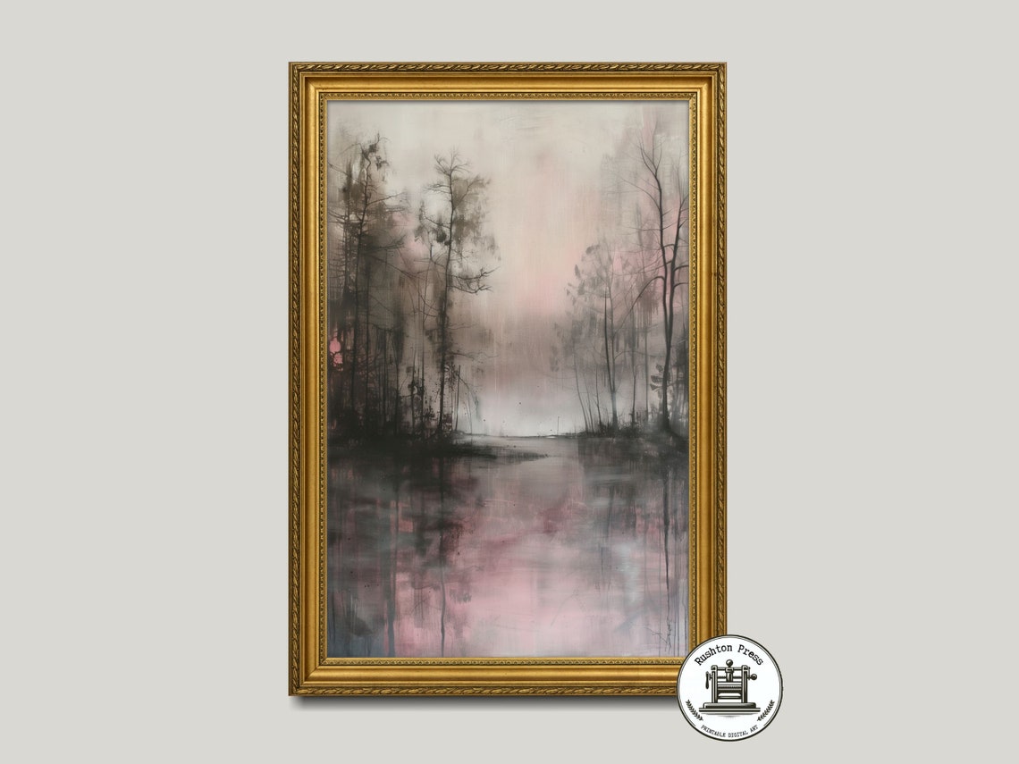 Misty Forest Lake Soft Pink Gray Reflection Painting Wall Poster