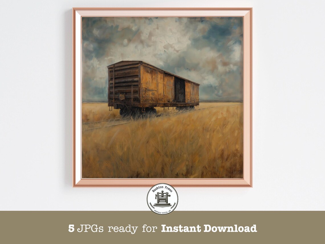 Old Wooden Boxcar In Wheat Field Stormy Sky Rustic Art Print