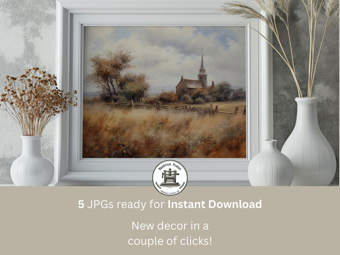 English Church Vintage Farmhouse Landscape Art Print