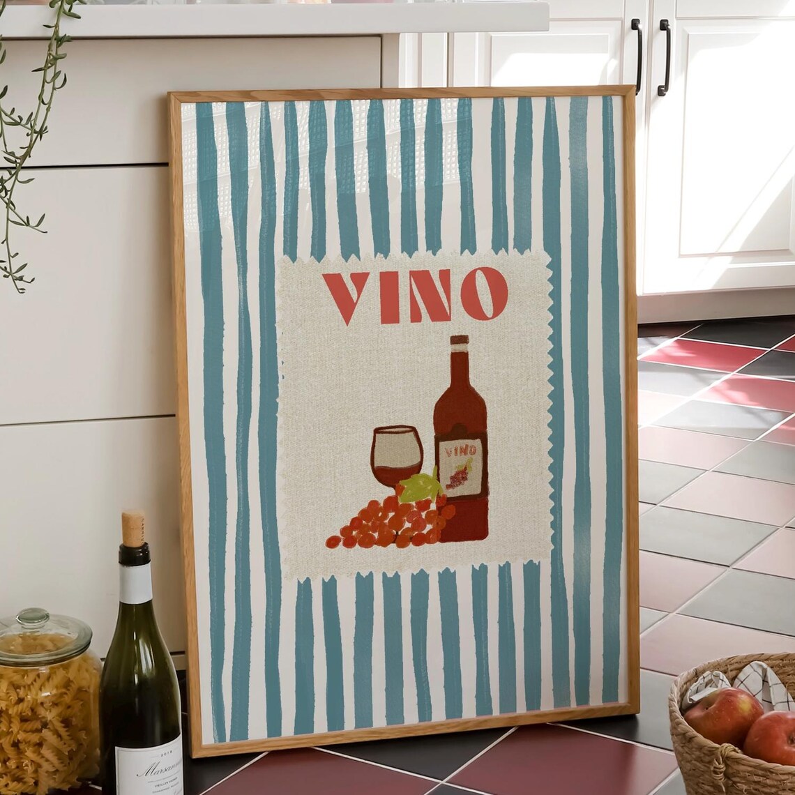 VINO Red Lettering Wine Bottle Glass Grapes on Teal Striped Art Poster