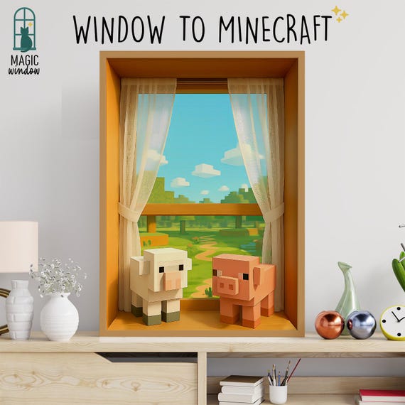 Blocky Buddies Window Poster Cute Pig And Sheep Wall Art Game For Kids With Characters
