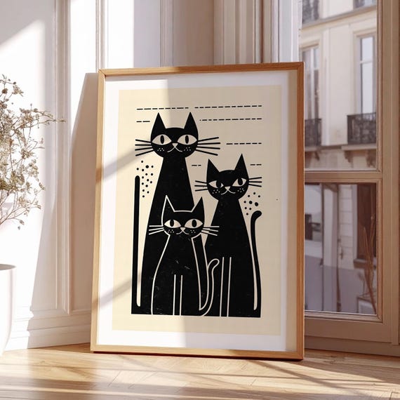Three Black Cats Funny And White Cat Wall Art Modern Minimalist Artful Poster A0a5