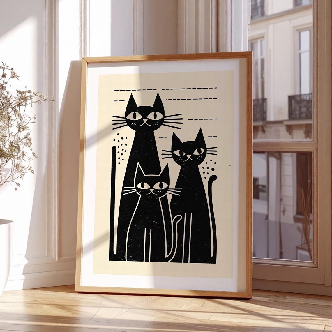 Three Black Cats Retro Linocut Style Cream Background Modern Wall Poster