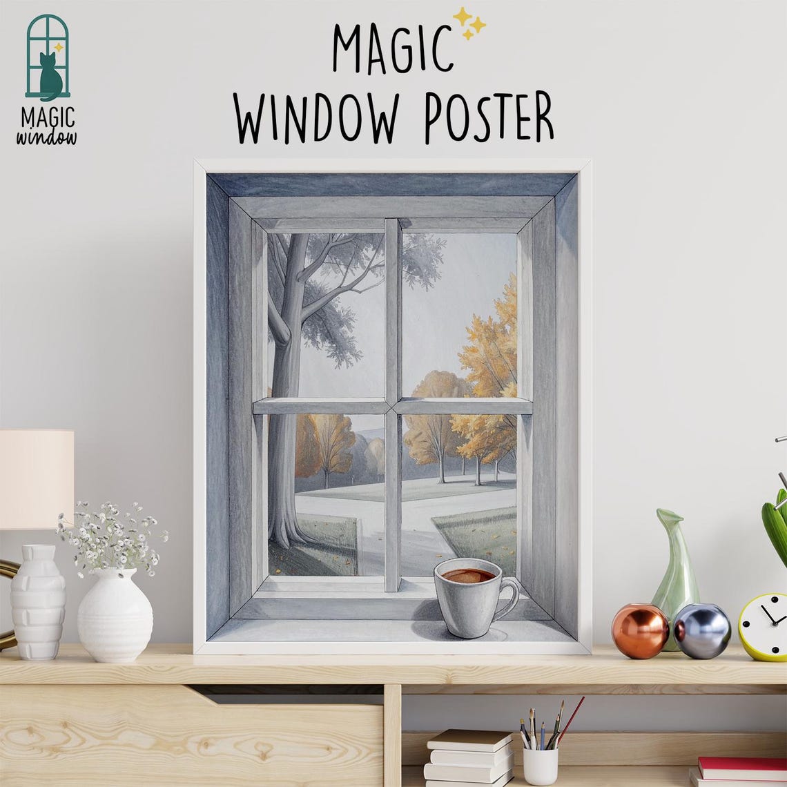 Cozy Autumn Trees Magic Window With Coffee Cup Illusion Poster