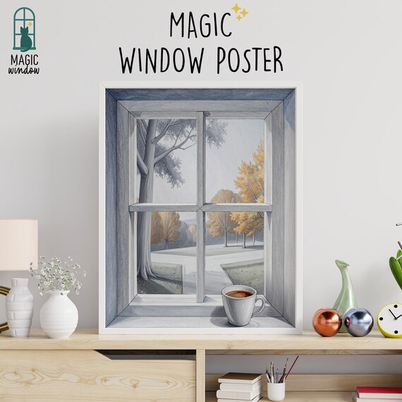 Cozy Autumn Trees Magic Window With Coffee Cup Illusion Poster