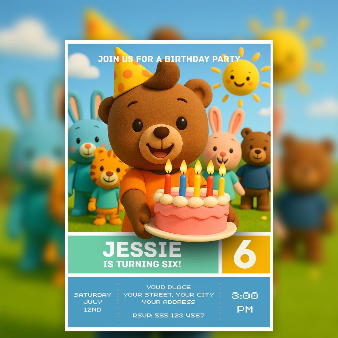 Cute Teddy Bear Kids Birthday Party Invitation Template Poster