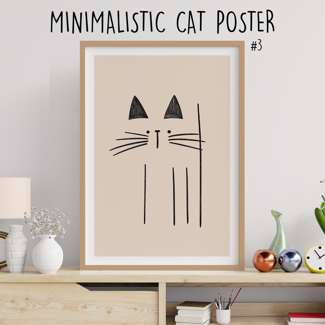 Minimalist Black Line Cat Face No3 Dotted Eyes Neutral Beige Modern Poster