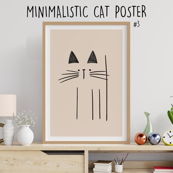 Minimalist Black Line Cat Face No3 Dotted Eyes Neutral Beige Modern Poster