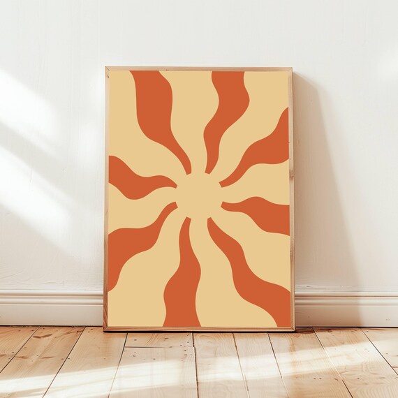 Retro Sun Print No2 Yellow And Rustic Orange Boho Decor Hippie Poster 70s Art Surf Aesthetic Groovy Wall Art