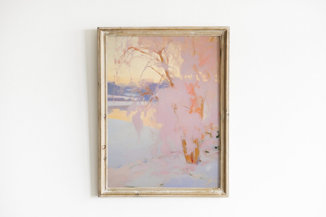 Pink Winter Lake Painting Holiday Christmas Art Print