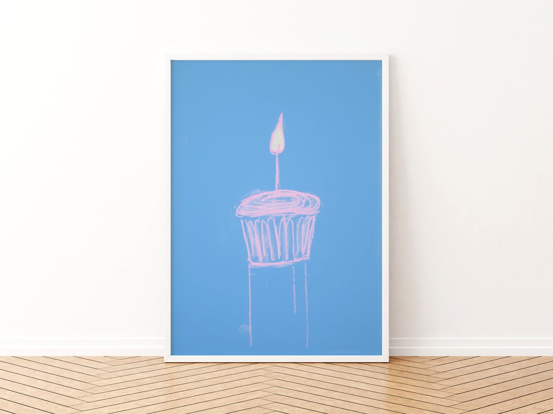 Pink Cupcake with Lit Candle Line Art on Blue Background Poster - Image 3