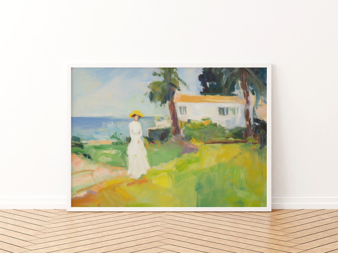 Woman in White Dress Sunlit Coastal Garden Impressionist Painting Poster - Image 3