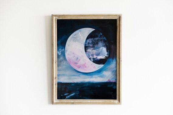 Crescent Moon Over Dark Sea Pink Navy Night Sky Painting Print