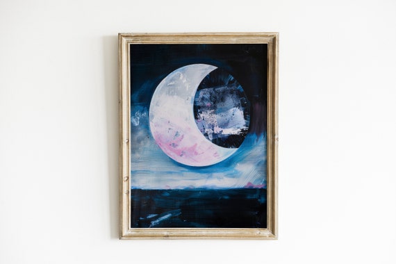 Moon Painting Dark Blue Printable Wall Art Night Sky Print Space Themed Room Decor