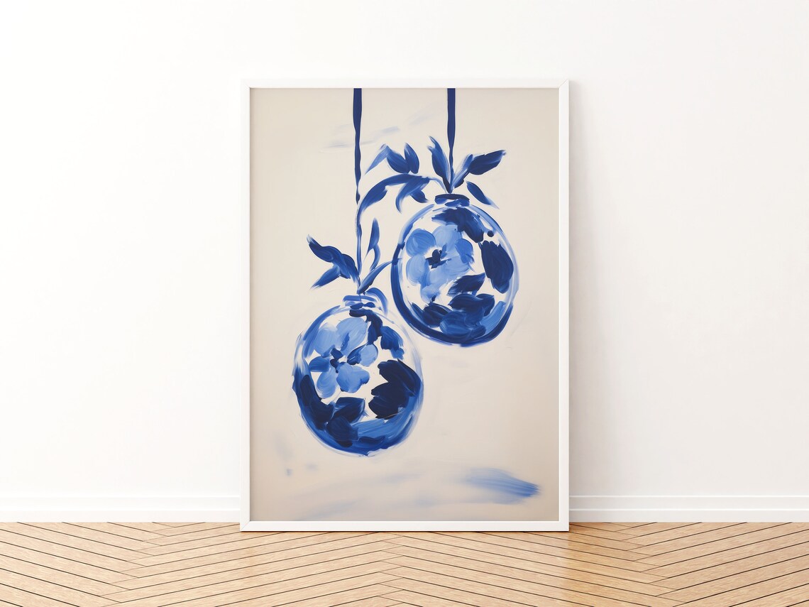Blue And White Holiday Floral Ornament Art Print - Image 3