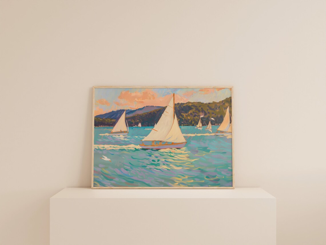 Retro Coastal Sailboat Print, Preppy Seascape Art - Image 3
