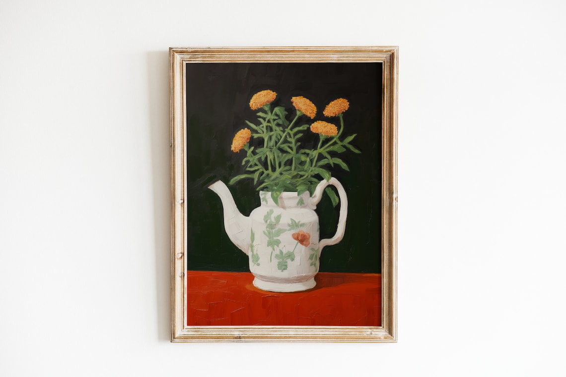 Teapot Vintage Art Print, Cottagecore Kitchen Decor