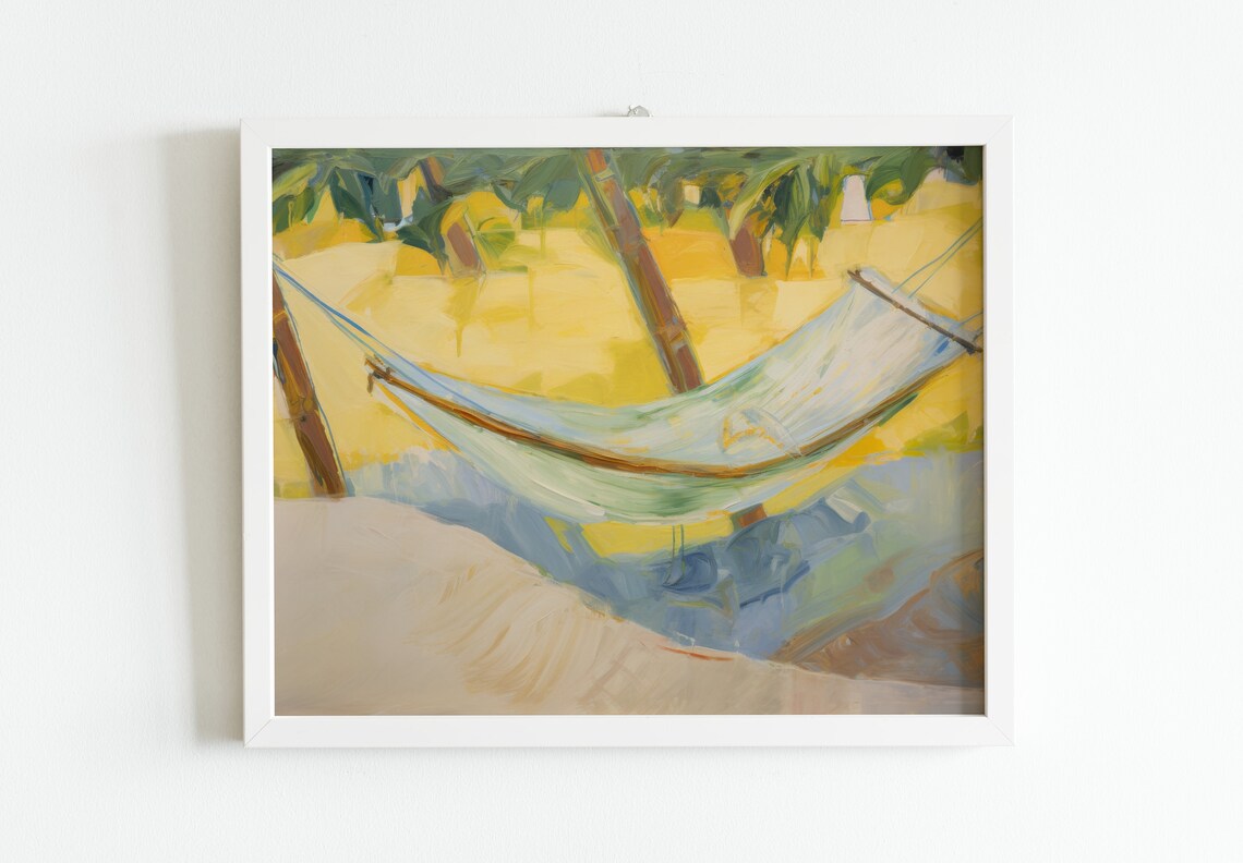 Beachy Yellow Hammock Painting, Coastal Art Print - Image 3