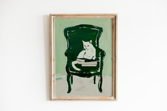 Cute Cat Emerald Green Retro Apartment Art Print