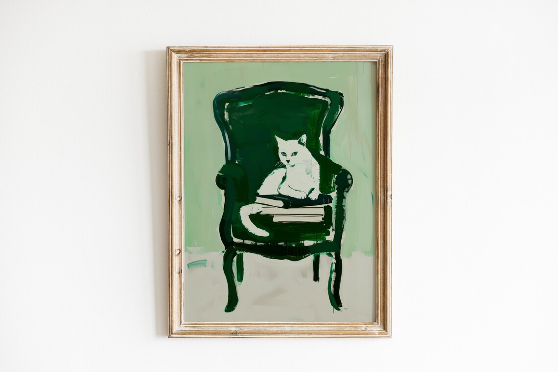 Cute Cat Emerald Green Retro Apartment Art Print