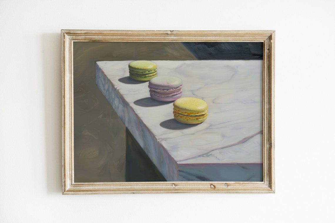 Three Colorful Macarons on Marble Table Oil Painting Dessert Poster