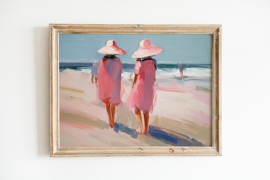 Retro Pink Beach Print, Girly Apartment Art