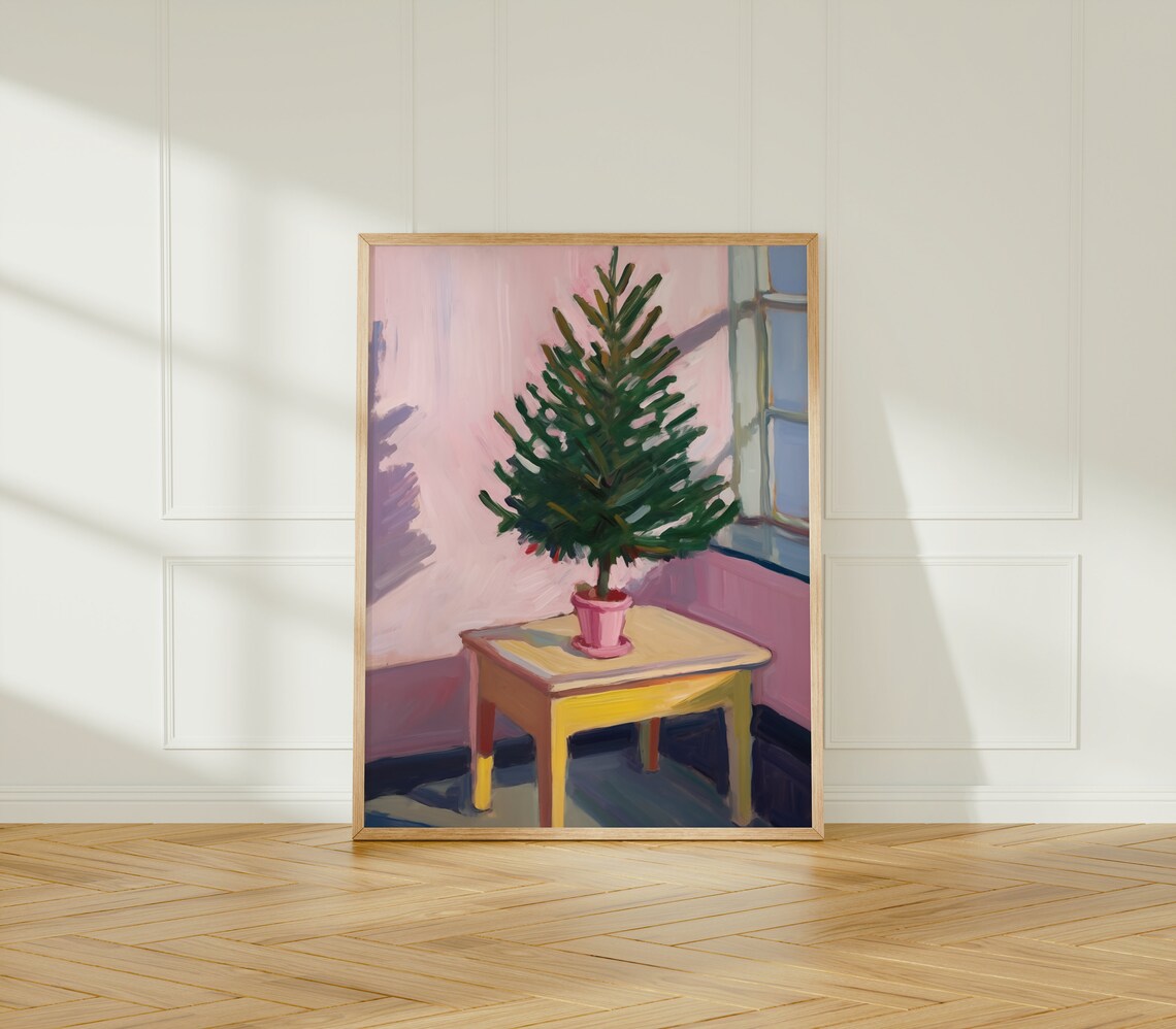 Small Christmas Tree In Pink Pot Painting On Yellow Side Table Print - Image 3