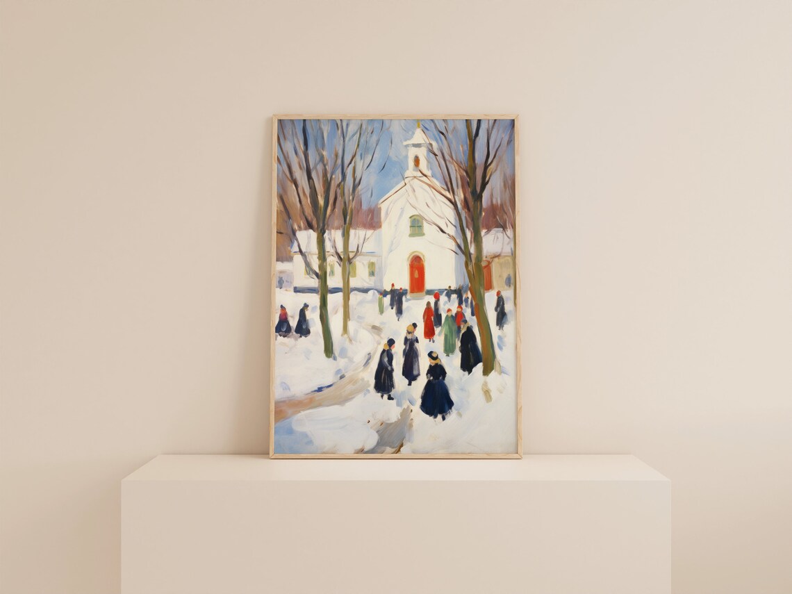 Antique Snowy Village Painting, Rustic Winter Cabin Art - Image 3