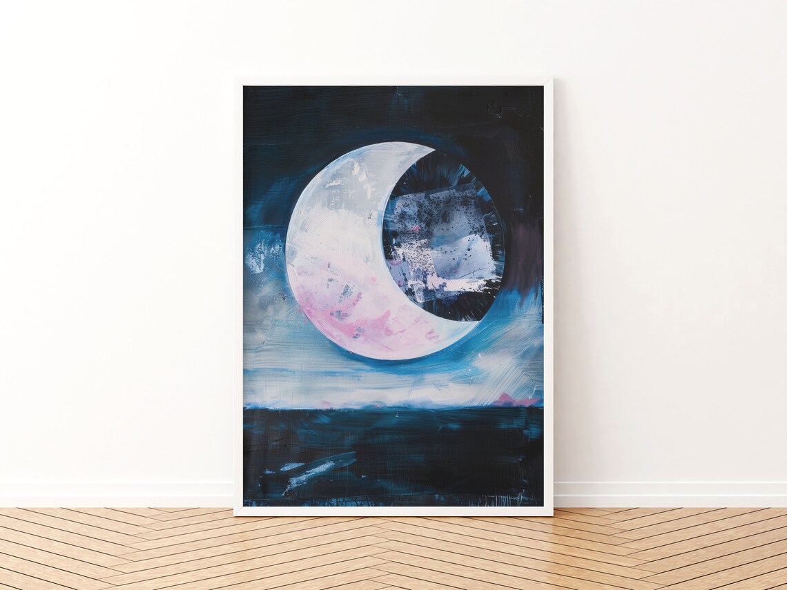 Crescent Moon Over Dark Sea Pink Navy Night Sky Painting Print - Image 3