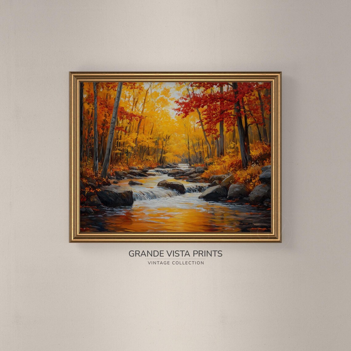 Autumn River Flowing Through Golden Red Forest Rocky Banks Art Poster - Image 3