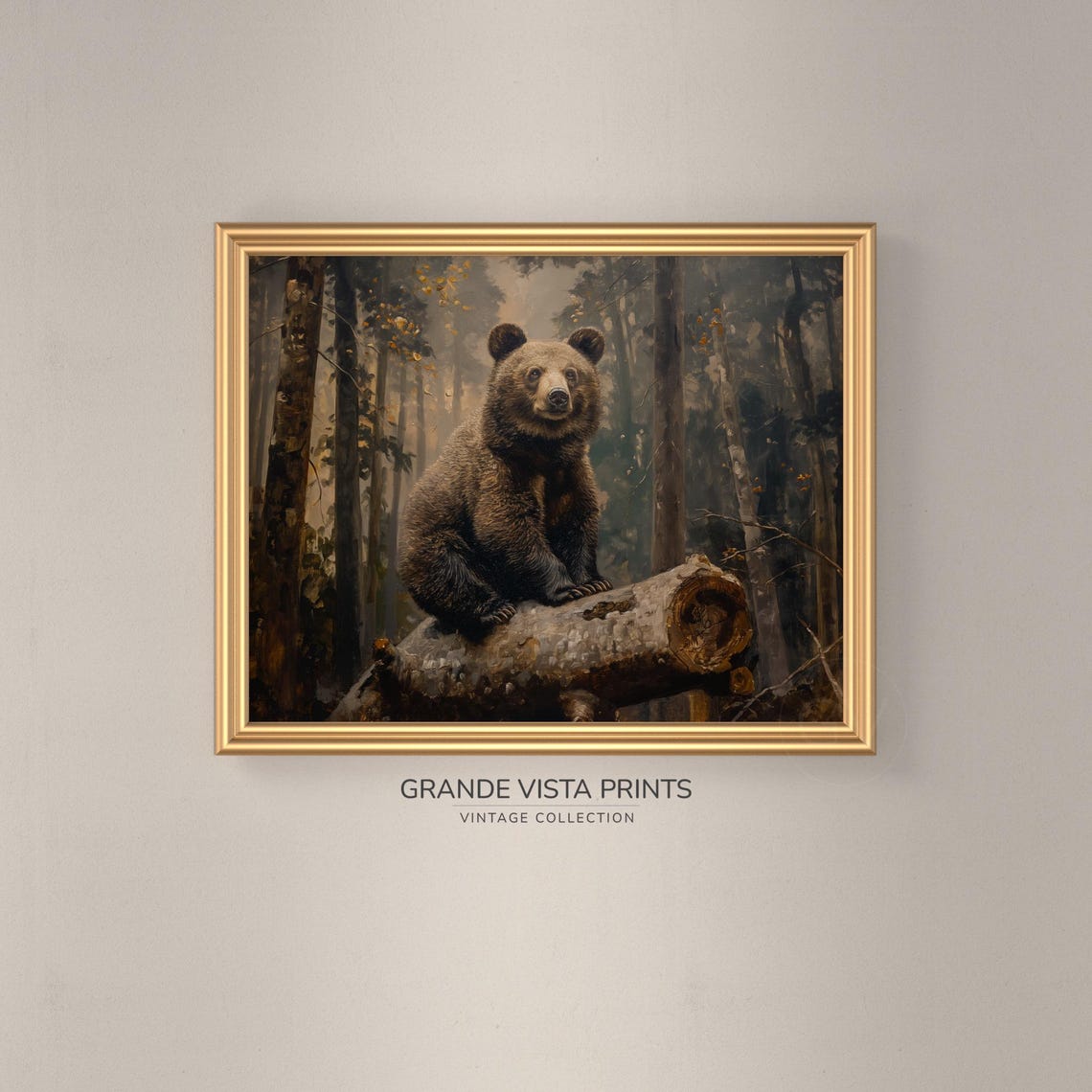 Brown Bear Cub Sitting Fallen Log Misty Forest Vintage Wildlife Print - Image 3