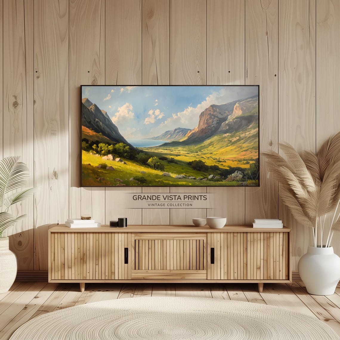 Sunlit Coastal Valley Between Mountains Sea View Golden Poster - Image 2