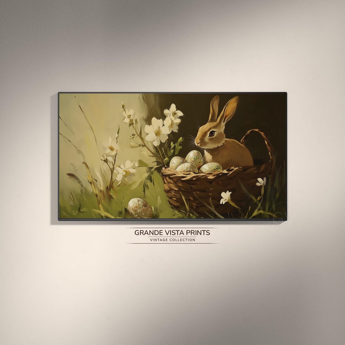 Brown Bunny Basket Speckled Easter Eggs White Flowers Vintage Print