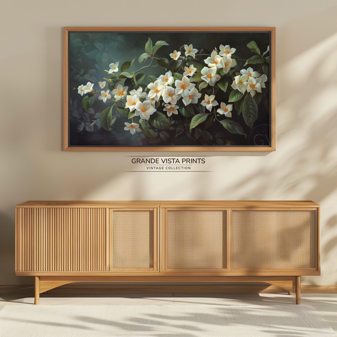 White Blossom Branch Orange Centers Dark Vintage Botanical Wall Art - Image 4