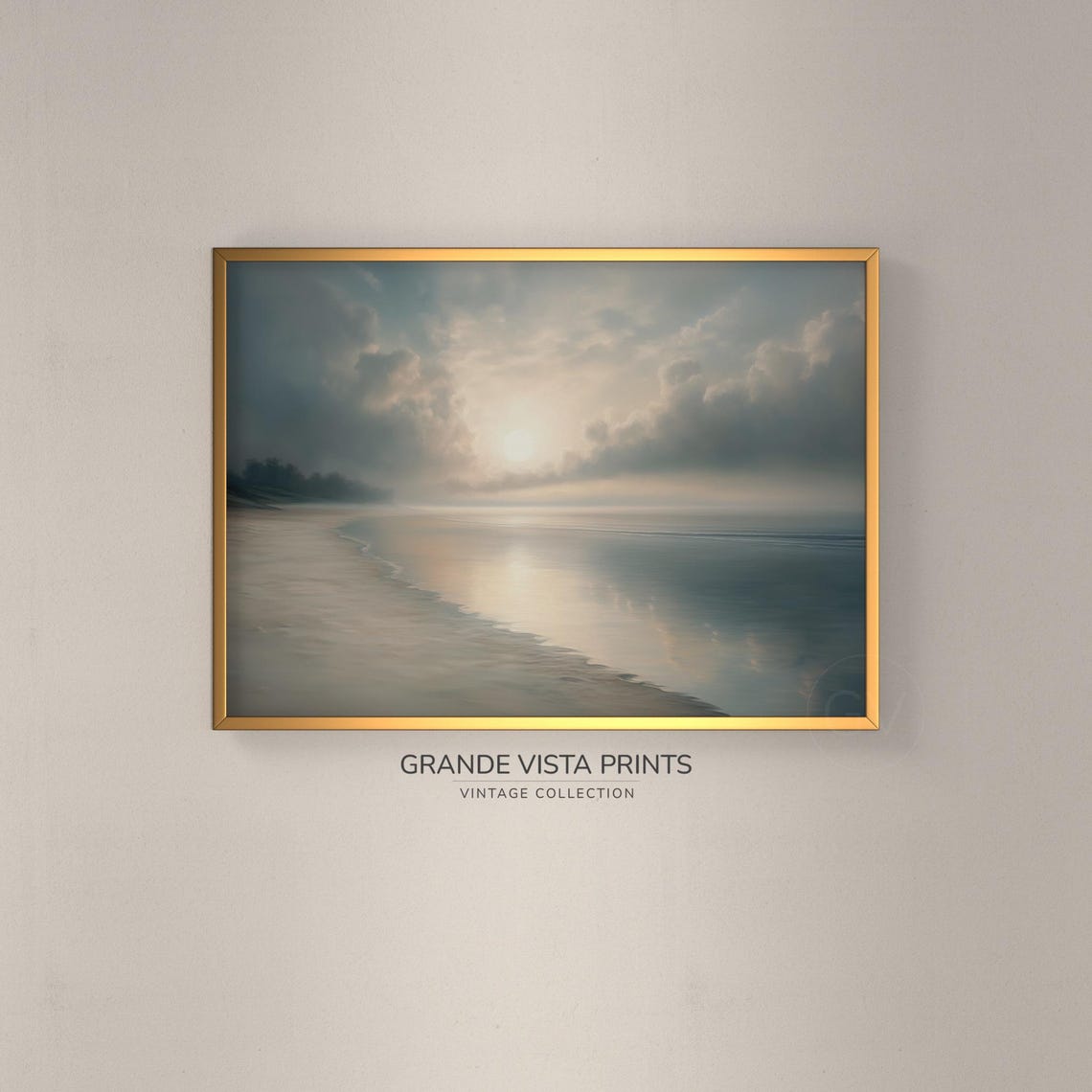 Misty Beach Sunrise Calm Shore Soft Clouds Serene Ocean Travel Poster