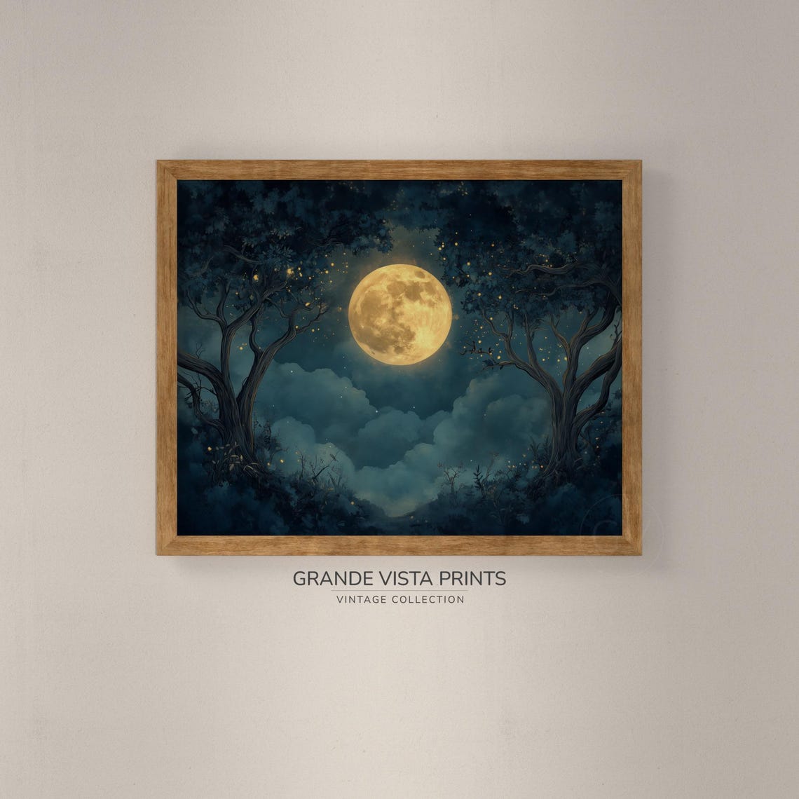 Golden Full Moon Between Twisted Trees Starry Midnight Forest Poster - Image 4