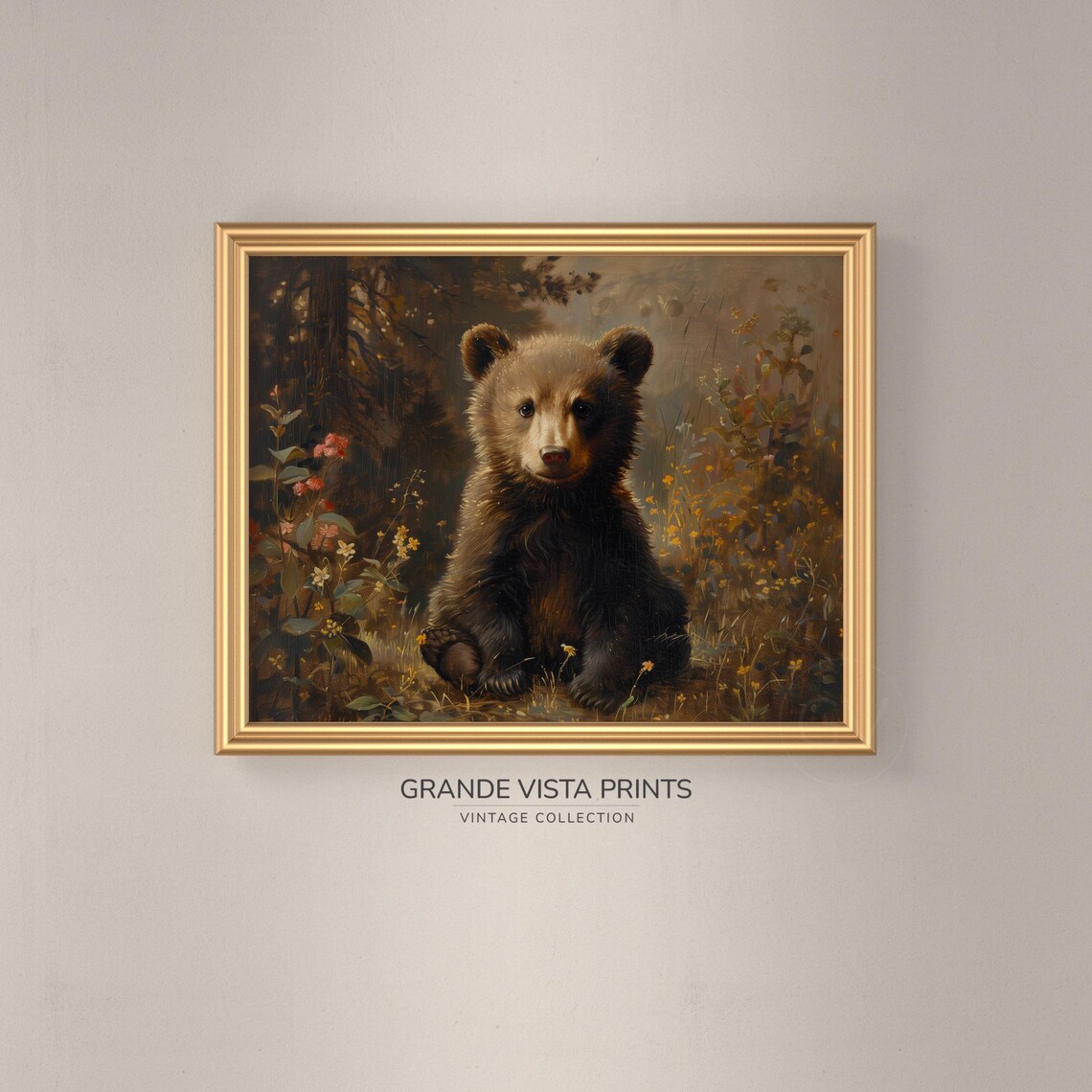 Brown Bear Cub Wildflower Portrait Vintage Wildlife Wall Poster - Image 3
