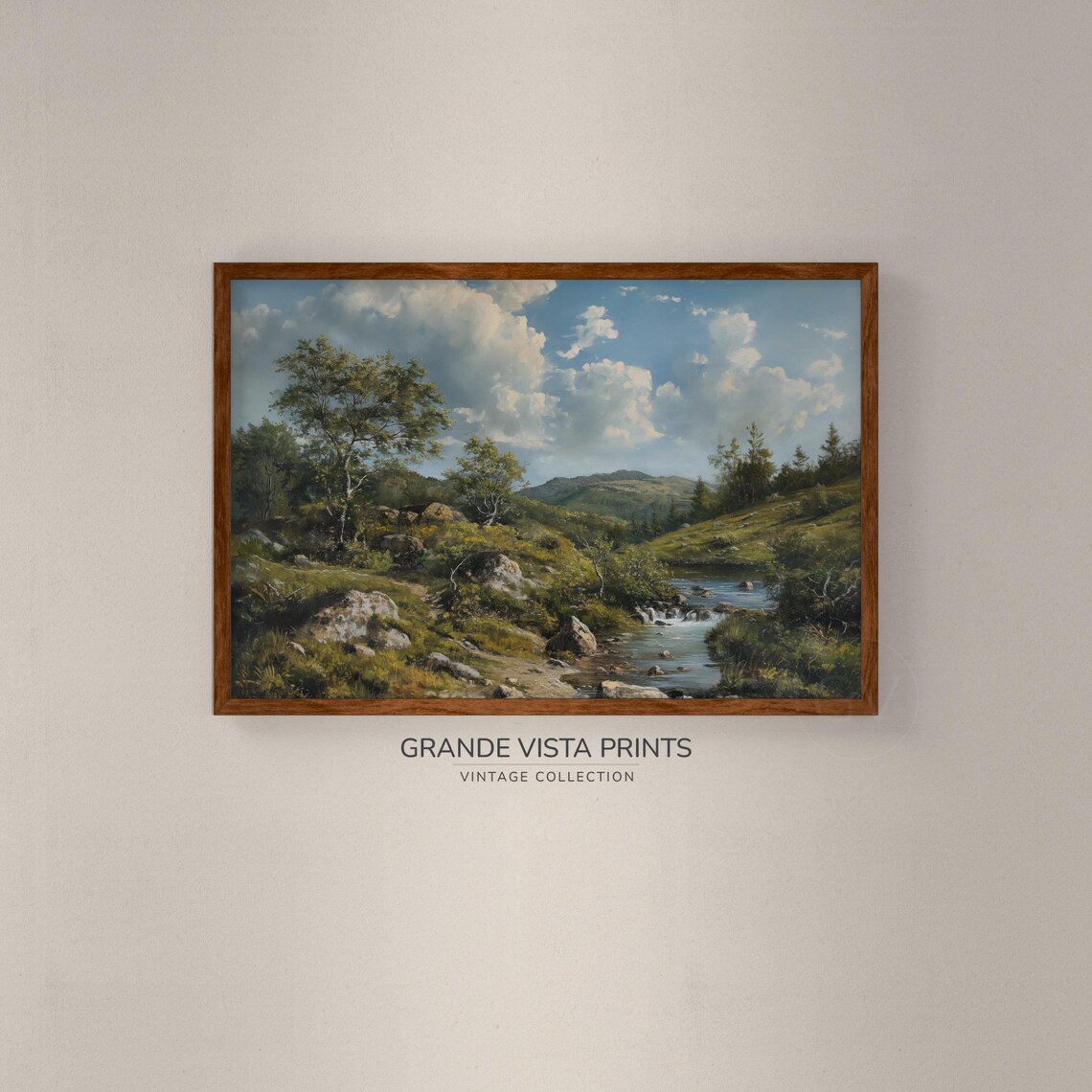 Mountain Creek River Rapids Rocky Green Valley Birch Trees Poster - Image 2