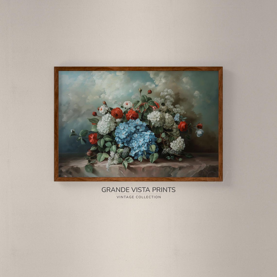 Red Roses Blue White Hydrangeas Stone Ledge Cloudy Sky Floral Poster - Image 2