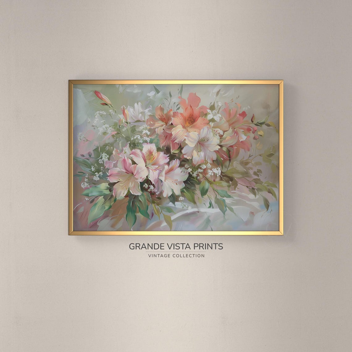 Pink White Lily Floral Bouquet Soft Pastel Vintage Still Life Art