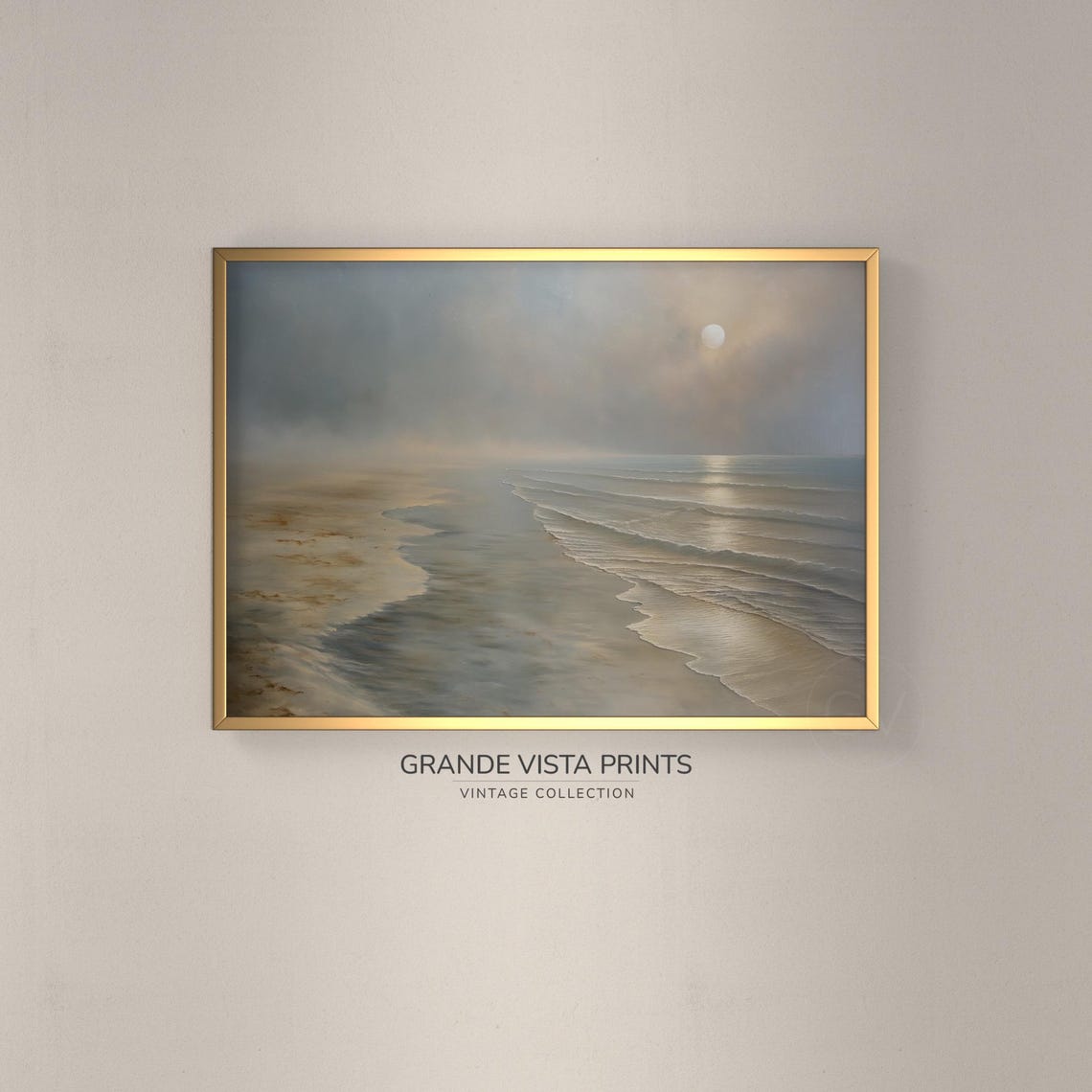 Misty Moonlit Beach Soft Waves Calm Ocean Seascape Vintage Poster