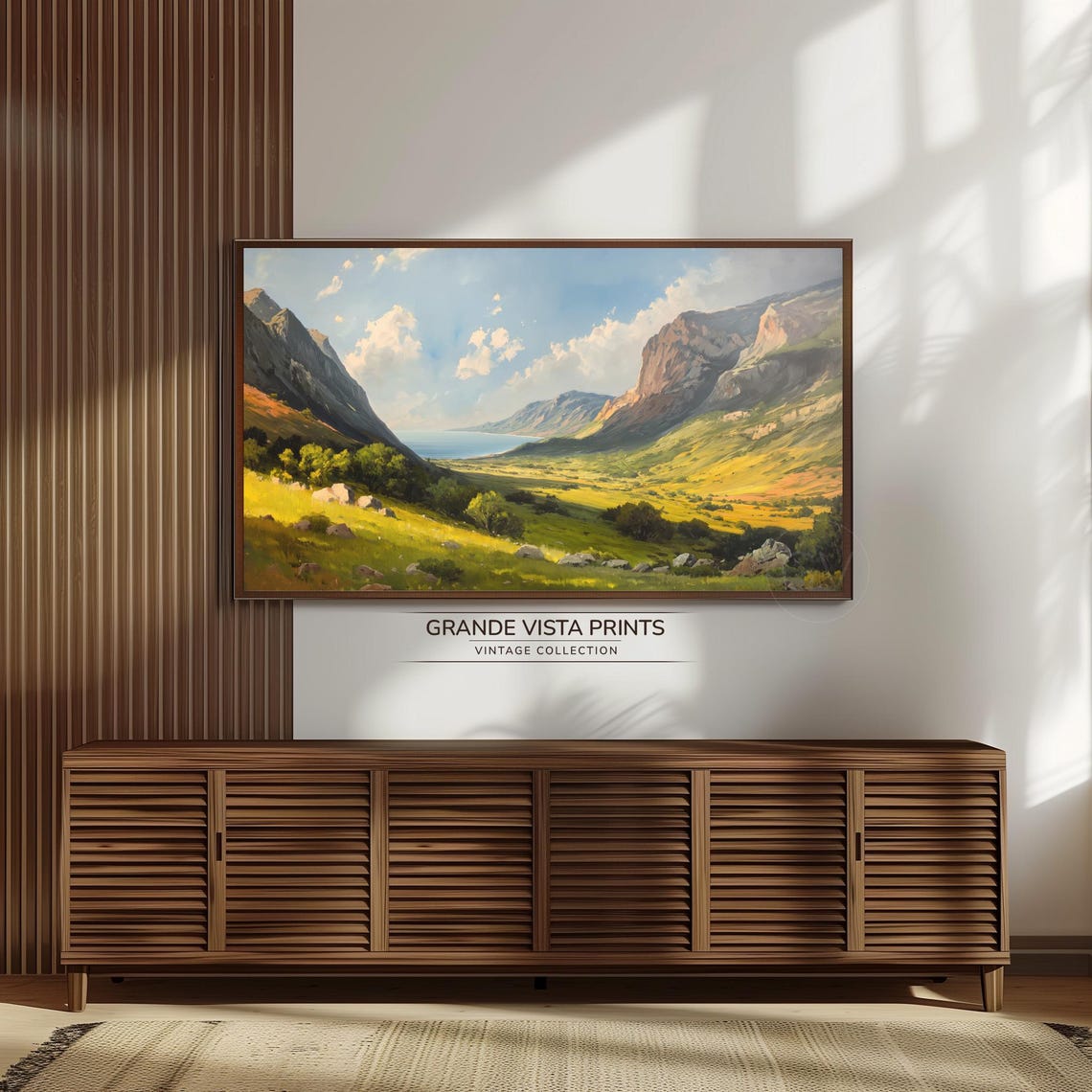 Sunlit Coastal Valley Between Mountains Sea View Golden Poster - Image 3