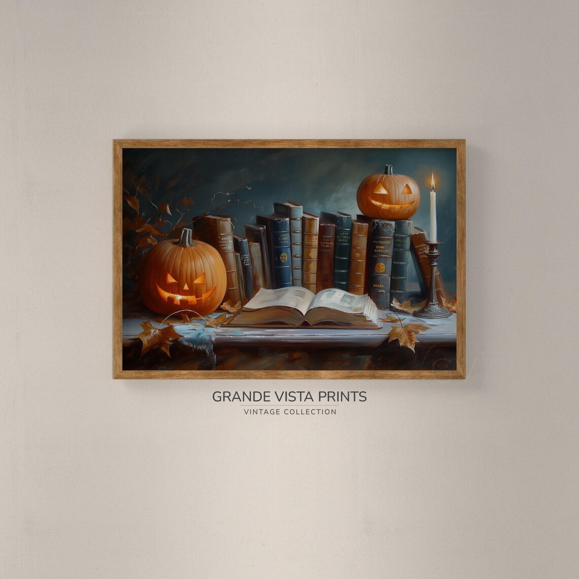 Jack O Lanterns With Vintage Library Books Cozy Halloween Art Poster - Image 2